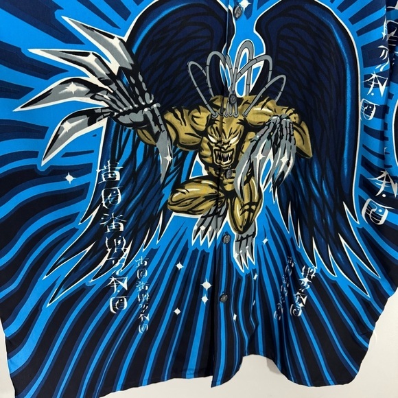 R2 Randy River Y2K Graphic Shirt XL Demon Angel Anime Vibe Button Up Blue NWOT - Picture 4 of 9